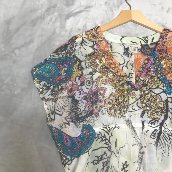 Boston Proper Top Womens Small Paisley Print Beaded Sequin Cap Sleeve V Neck - Picture 3 of 9